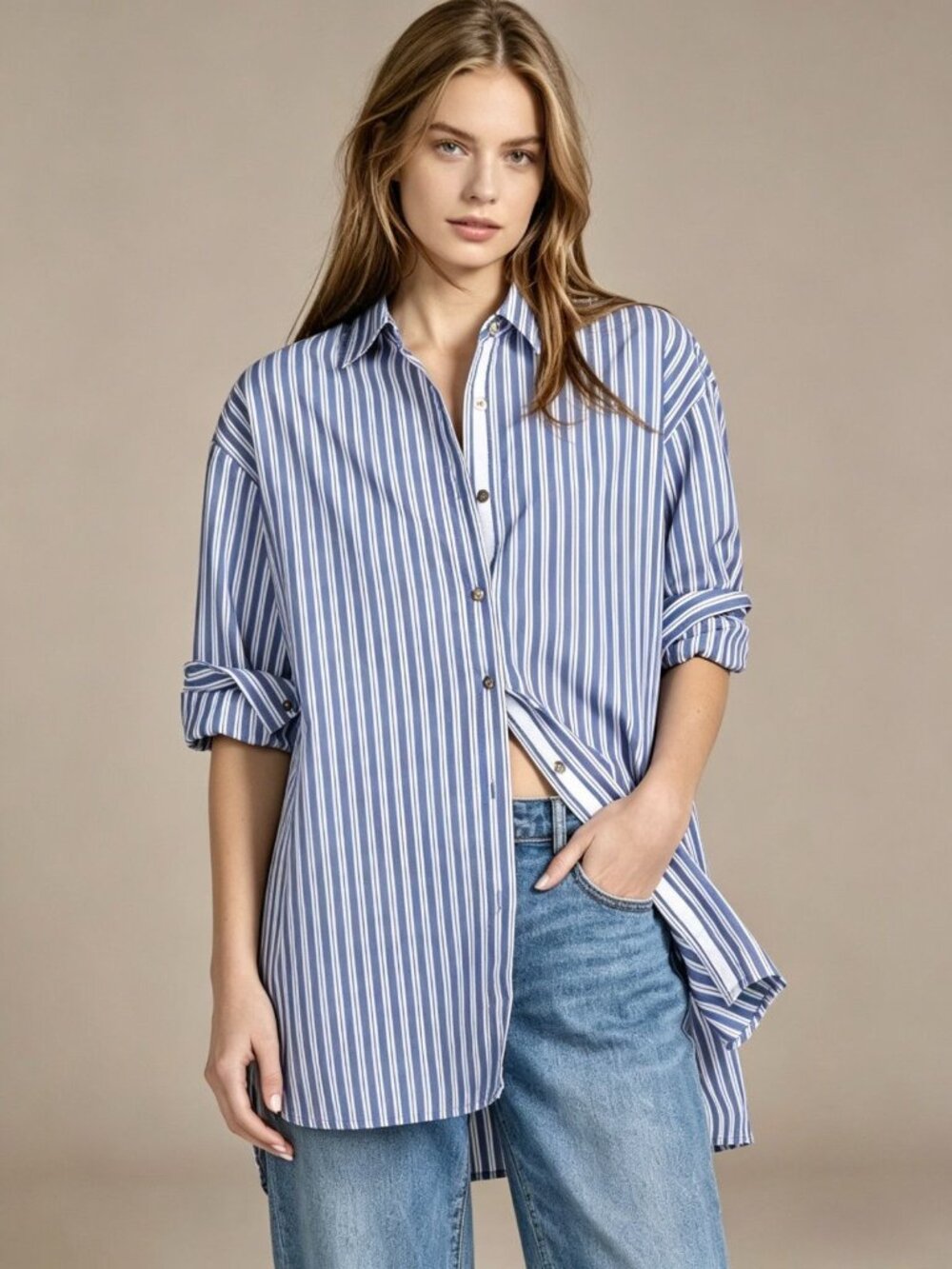 NWOT Johnny Was Cotton Blue Striped Button Down Long Sleeves Shirt Blouse Size S